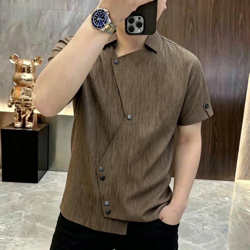 Camisa polo masculina de manga curta marrom Meradian Street Wear Design Nicho Camisa POLO de meia manga estilo dinheiro