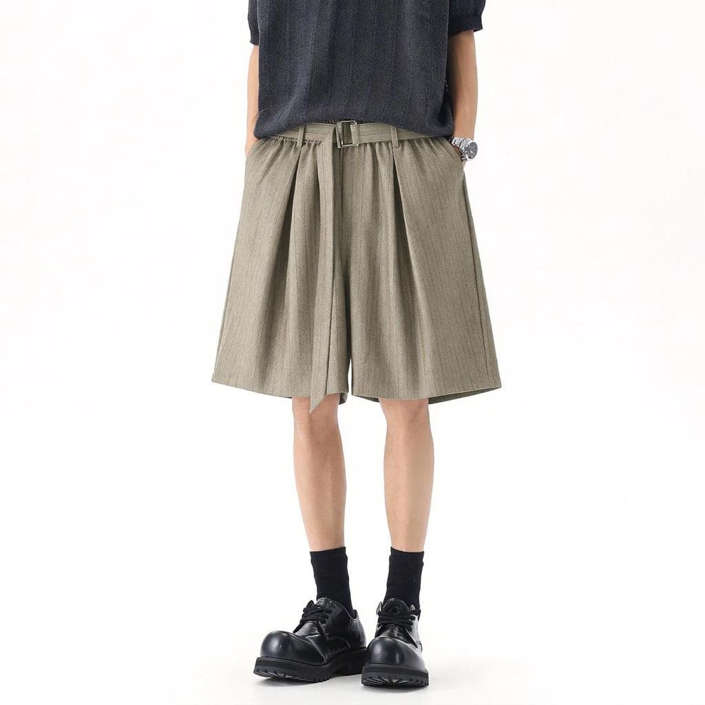 Estilo de dinheiro antigo plissado listrado terno Shorts masculino verão cinto ajustável Casual calças de cinco pontos
