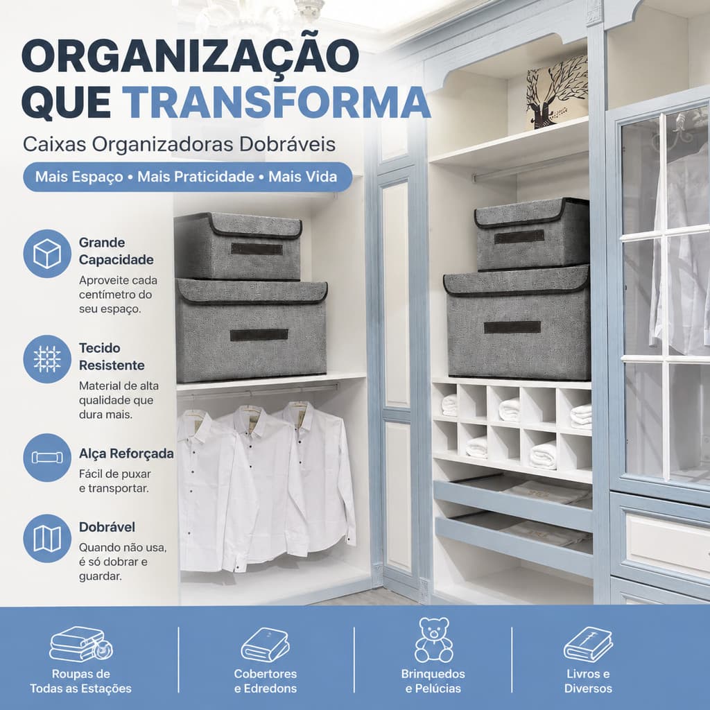 Kit 3 Caixas Armazenamento Organizadora Multiuso Empilhável Resistente Para Quarto Closet Cozinha Escritório