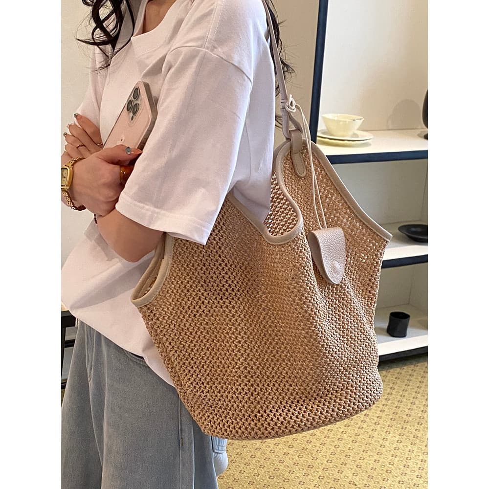 Bolsa Tote de tecido oco feminina 2026 novo estilo Retro bolsa de ombro de grande capacidade praia férias bolsa de palha