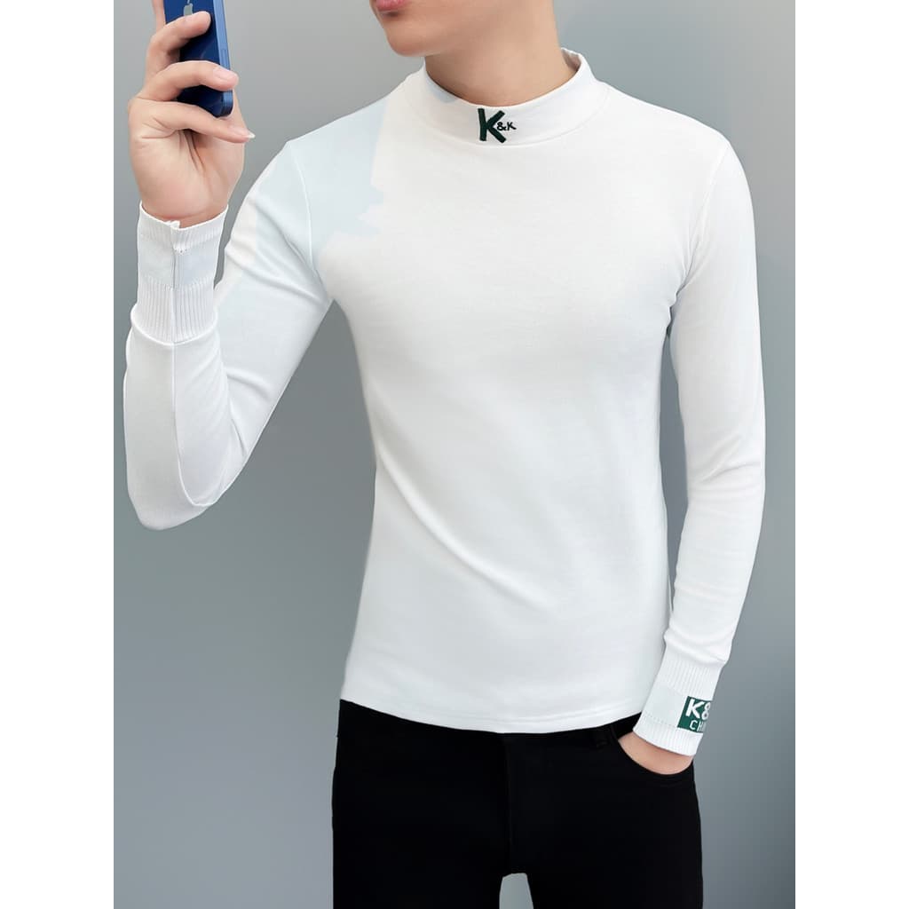 Camiseta masculina branca justa meia gola alta camisa de fundo outono inverno forro de lã engrossar