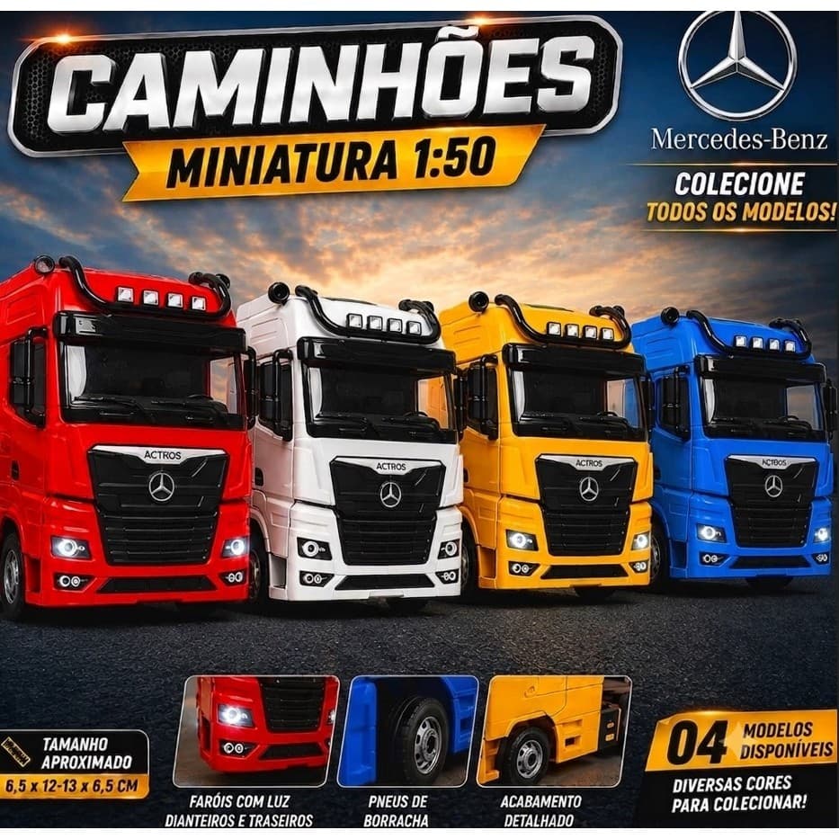 Caminhão Miniatura 1:50 Mercedes-Benz Actros Mini Trucado de Metal Som e Luz