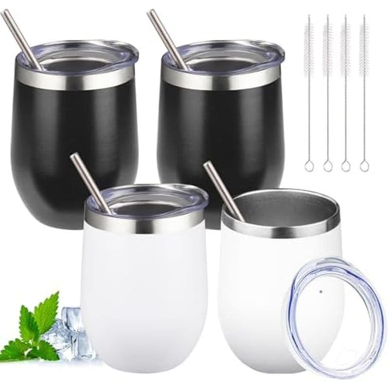 Copo De Vinho Sem Haste De 12 Onças Com Tampa Isolado De Parede Dupla Aço Inoxidável Canudo Coquetel Caneca De Café Para