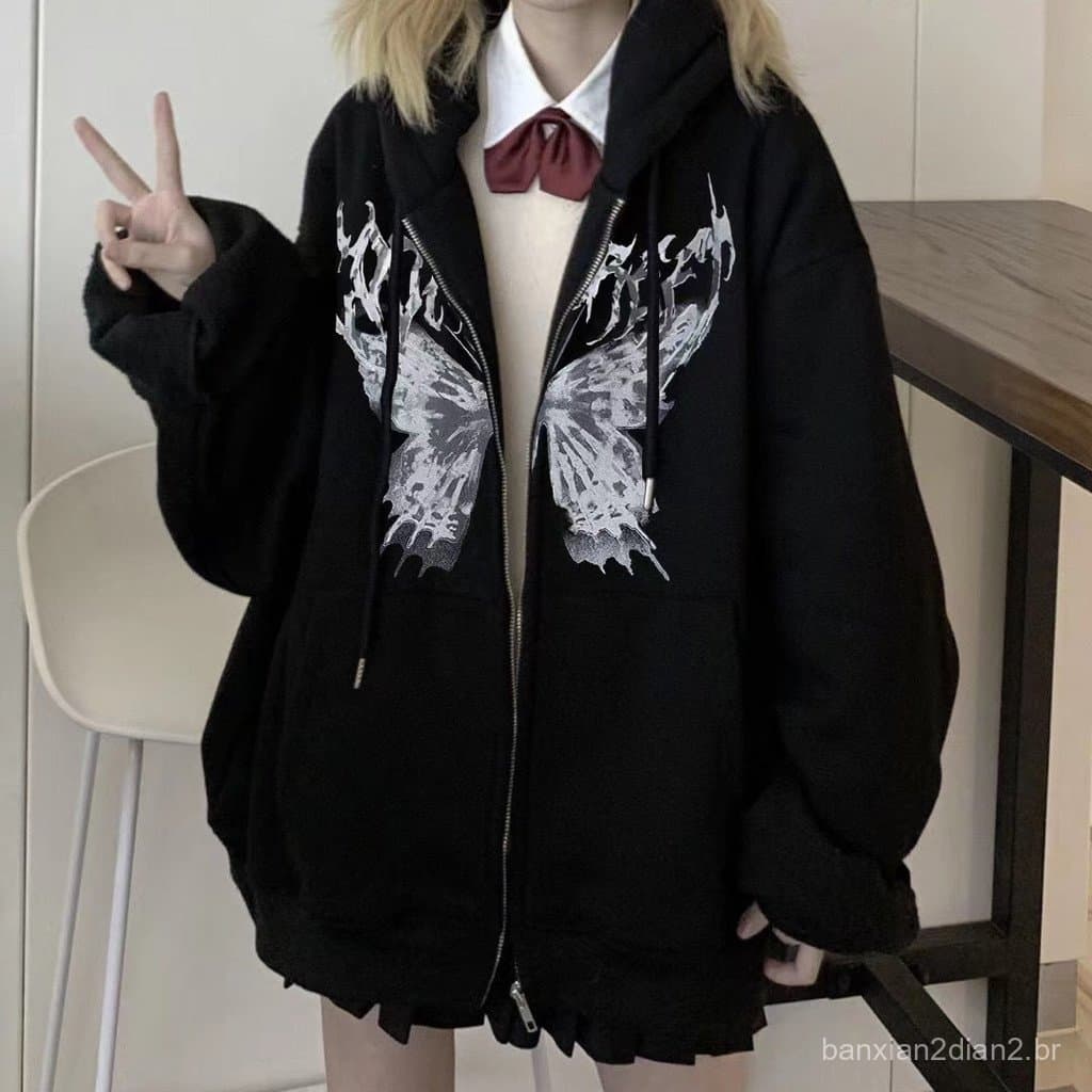 Moletom com capuz transfronteiriço pronto estoque moletom com zíper outono inverno europeu americano borboleta Sweatshi