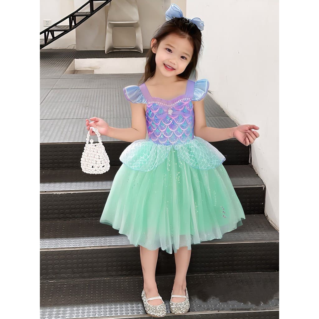 Vestido de Sereia para Meninas 2025 Moda Manga Curta Doce Princesa Verão Casual Roupa de Aniversário I5FA