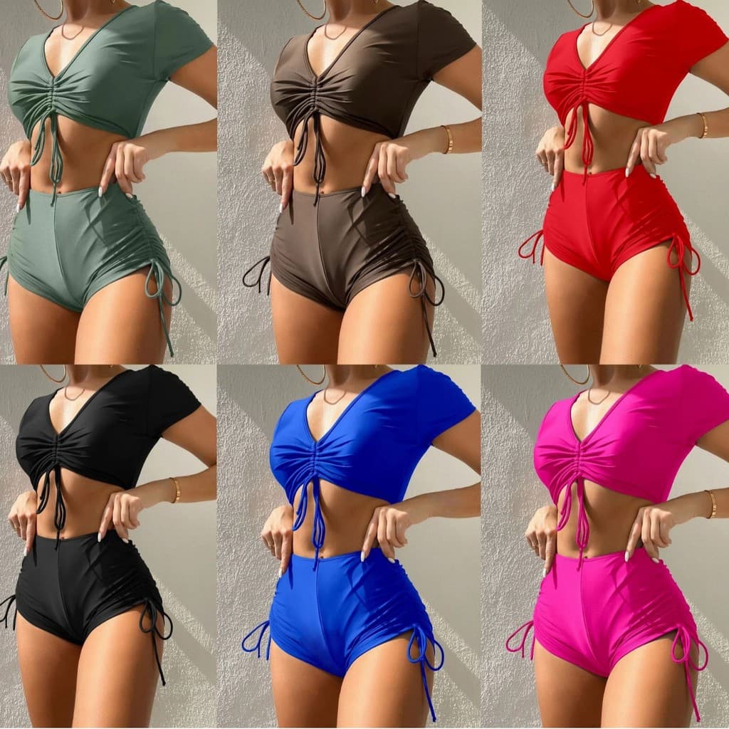 Biquíni Feminino de Duas Peças com Cordão e Manga Curta, Cintura Alta, Estilo Boxer, Cor Sólida, Moda Praia Conservadora