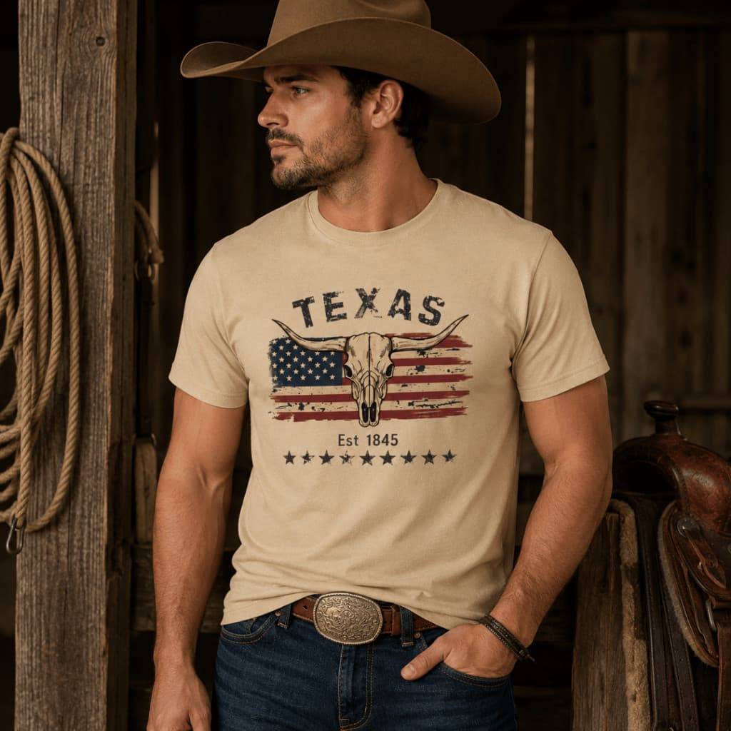 Camiseta Texas Caveira de Boi Bandeira Americana 1845 Country Masculina Cowboy Barretos Barretão RF