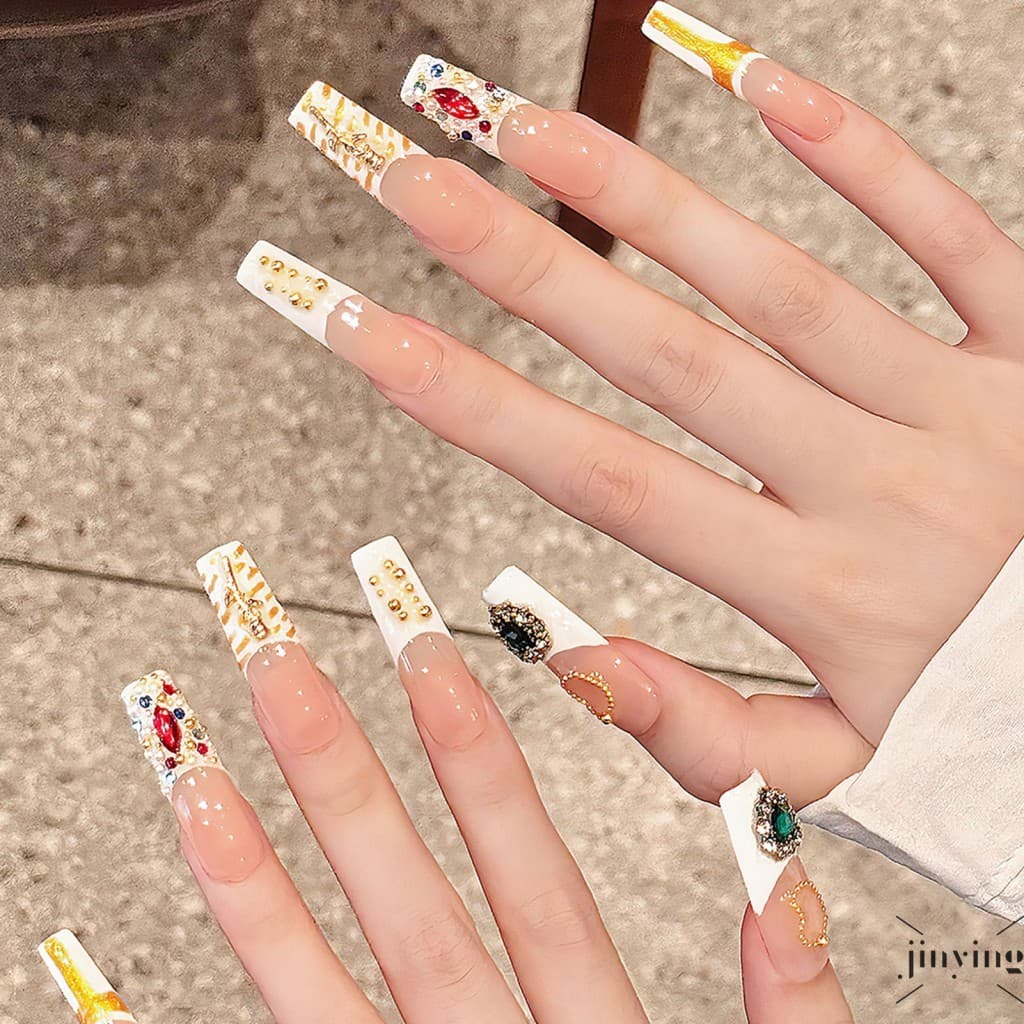 10 Unidades De Unhas Postiças Retangulares Metálicas , Acessórios De Manicure Dourados E Prateados