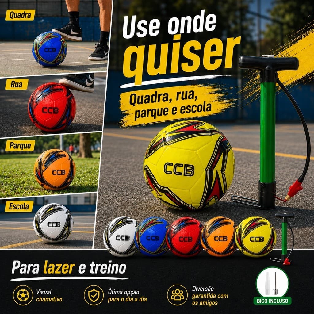 Bola de Futebol CCB com Bomba de Ar Manual Verde | 5 Cores para Quadra, Rua, Parque, Treino e Lazer
