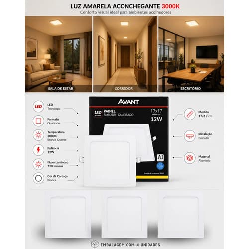 Kit 4 Painel Led Quadrado Alumínio 3000k 12w Embutir 17x17cm