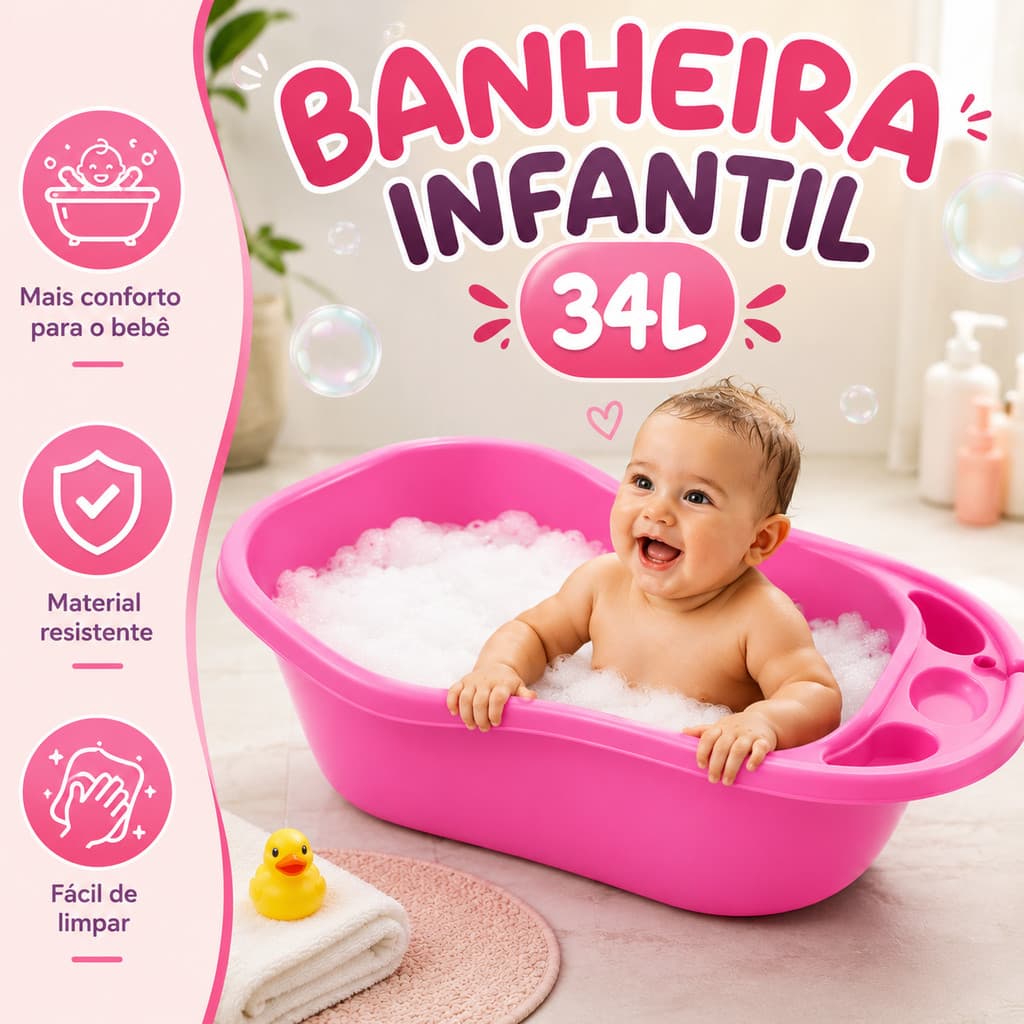 Banheira Infantil 34 Litros Grande para Bebê e Criança com Porta Objetos e Suporte para Shampoo