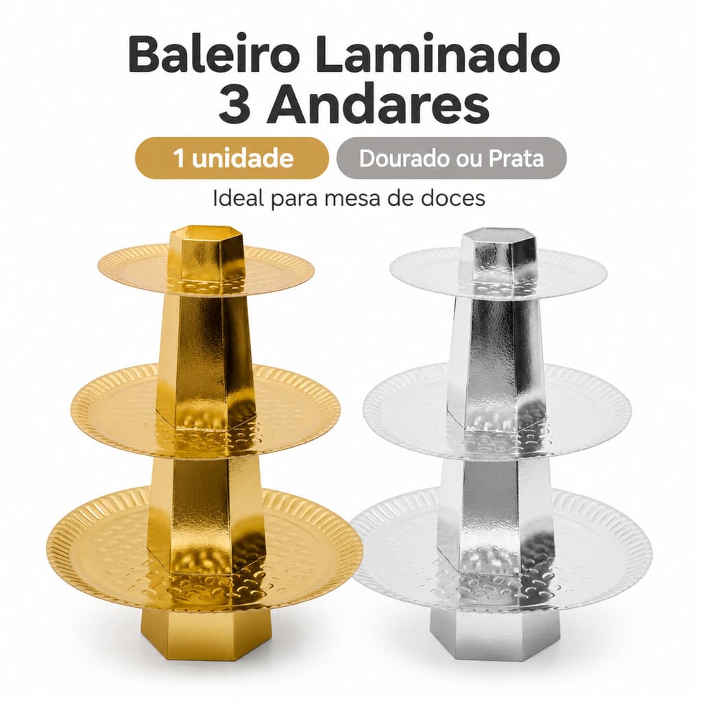 Baleiro Laminado 3 Andares Dourado Prata Para Doce Bomboniere Lembrancinha Decoração De Festa Luxo