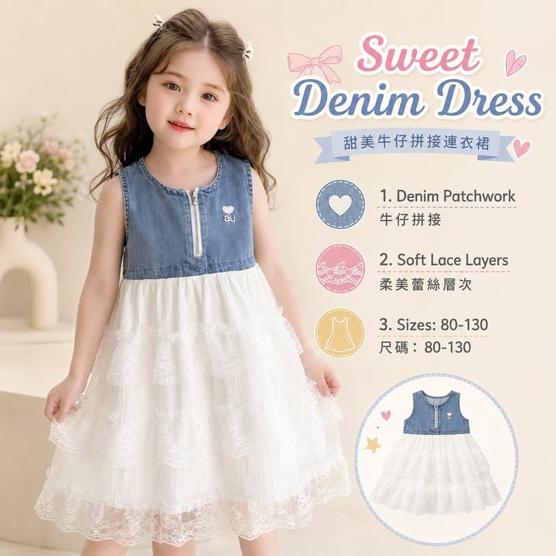 Vestido de Verão Sem Mangas para Meninas, em Denim com Detalhes em Renda, Estilo Princesa Doce