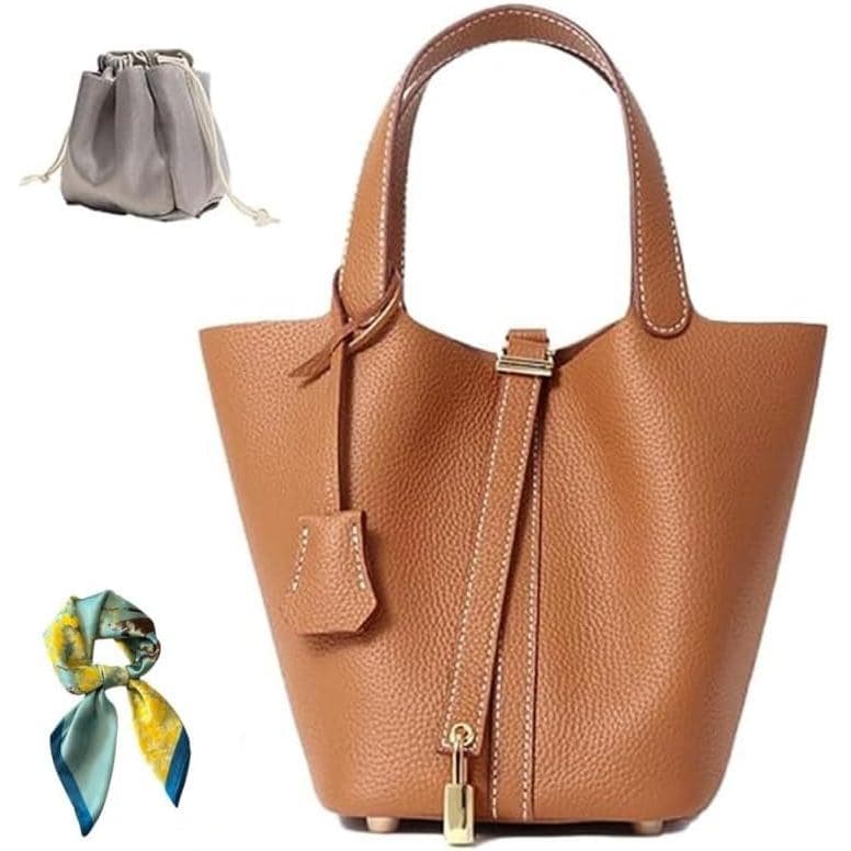 Bolsa de Couro Genuíno Feminina: Bolsa de Ombro com Fecho, Bolsa de Mão Multifuncional com Alça Superior, Cesta de Veget