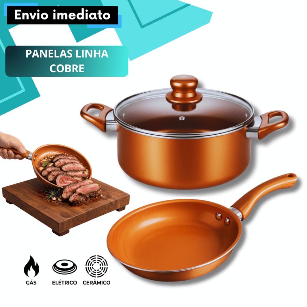 Kit 2 Peças Linha Cobre Caçarola 20cm Frigideira 21cm Cabos Antitérmicos Fogão a Gás
