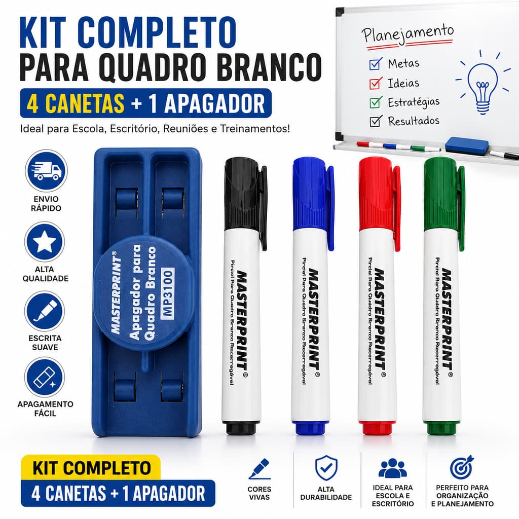 Kit 4 Canetas Para Quadro Branco + Apagador Masterprint 4 Cores Escola Escritório
