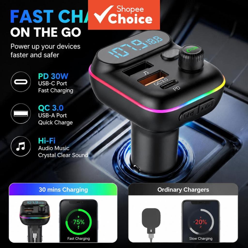 Carregadores USB Rápidos Transmissores FM-Bluetooth Tipo C RGB Leitor De MP3 Ambiente
