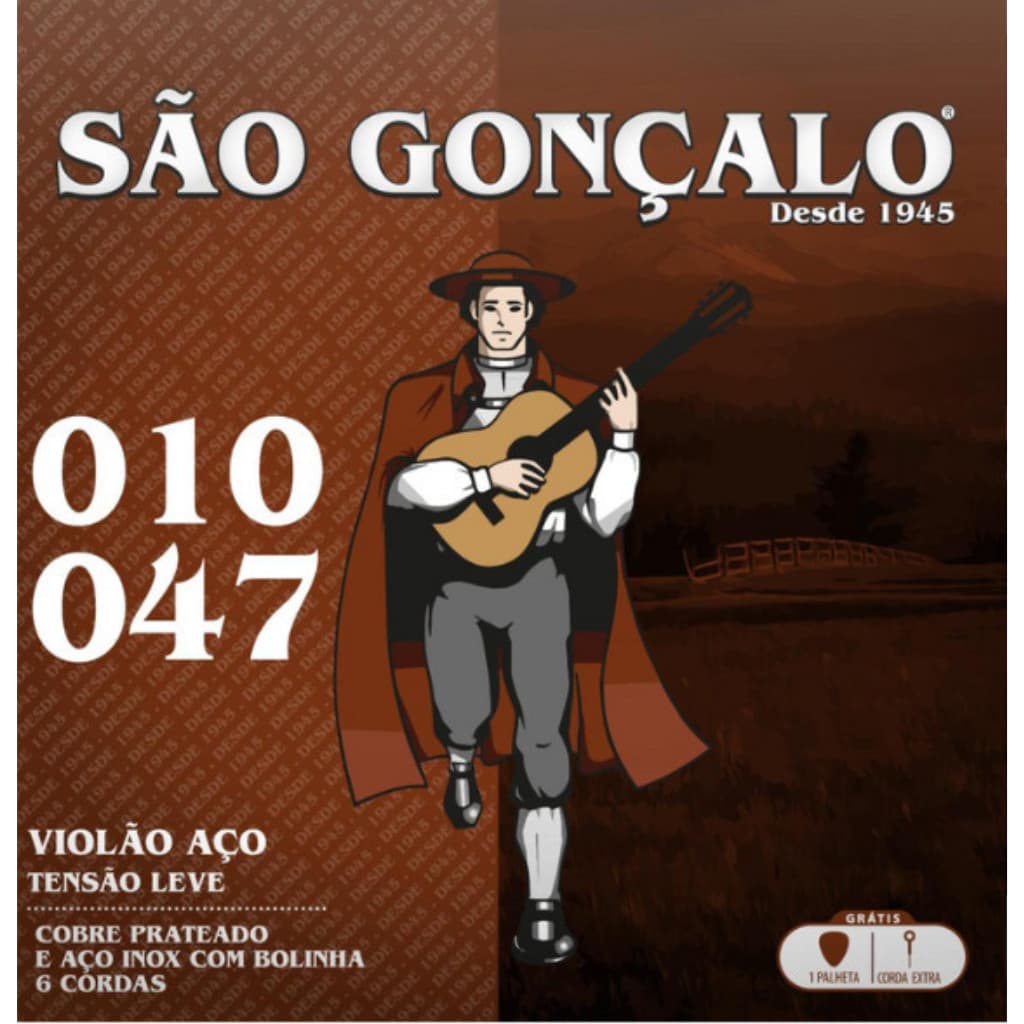 Encordoamento Violão Aço 010 047 São Gonçalo Tensão Leve 6 Cordas