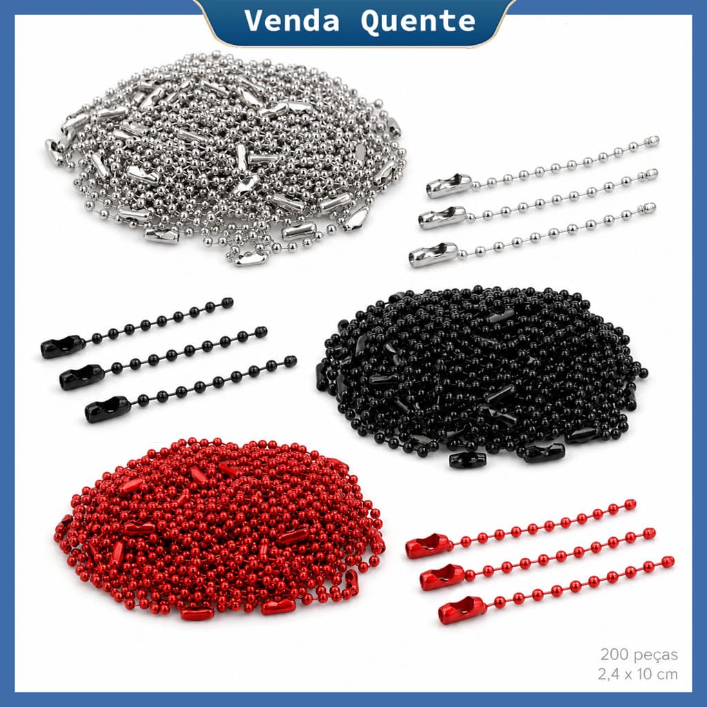 Kit Corrente de Bolinhas 200 Peças 10cm x 2,4mm com Fecho para Colares, Pingentes, Chaveiros e Dog Tags