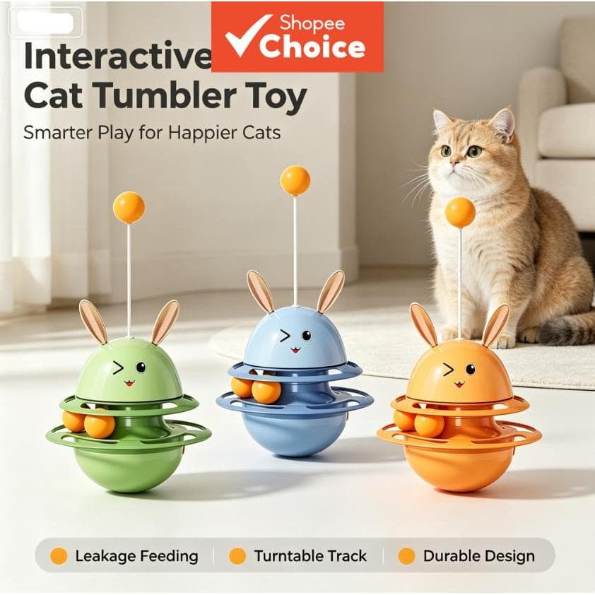 Brinquedo de coelho Tumbler para gatos, alimentador lento com pista de bolinha e varinha teaser, brinquedo interativo
