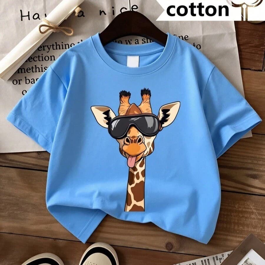 Camiseta Infantil Menino Girafa de Óculos Estampa Divertida Animal Safari Blusa 100% Algodão