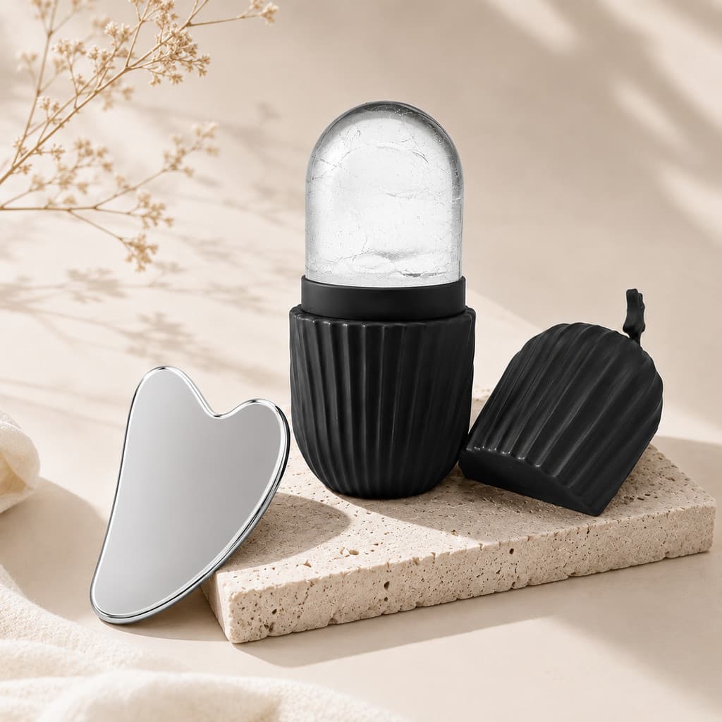 Kit Facial Ice Roller + Gua Sha Premium | Aço Inoxidável, Efeito Refrescante e Massagem Revitalizante