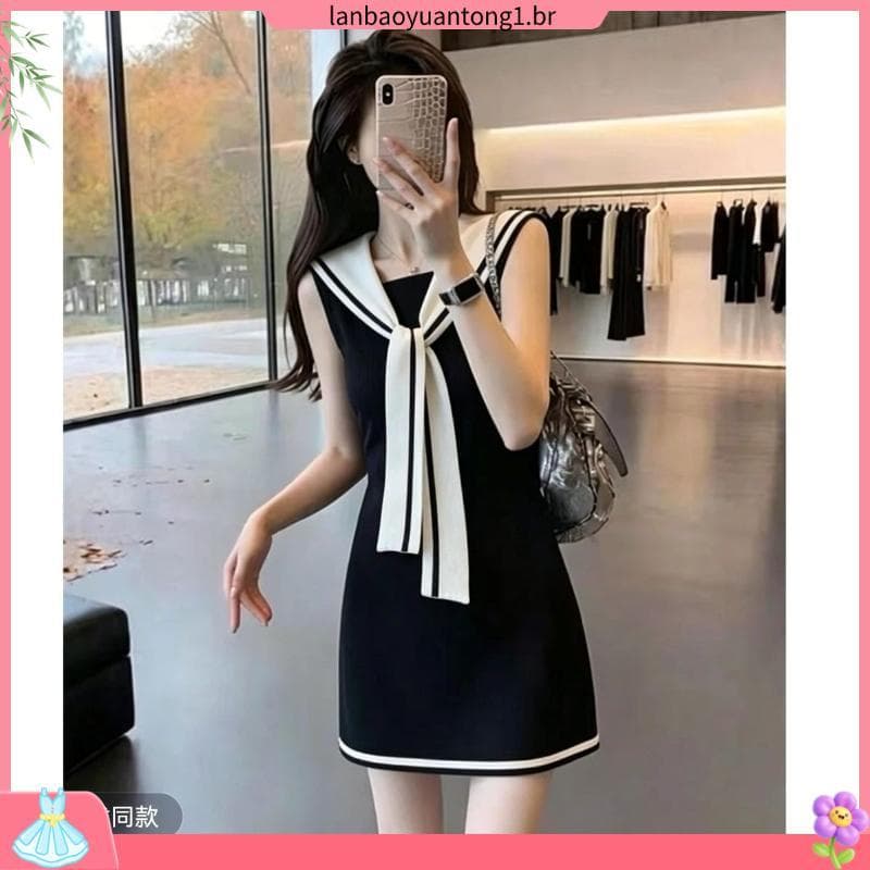 Moda gola marinha cor combinando colete saia Casual temperamento All-Match saia solta vestido pronto estoque