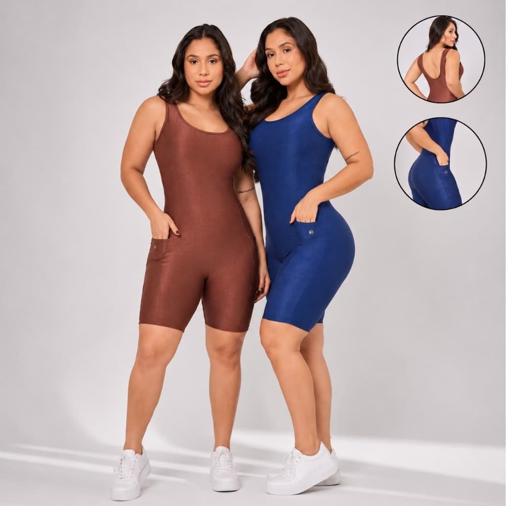 Kit 2 Macaquinho Feminino Adulto Fitness Canelado Com Bolsos Zero Transparência Macaquinho Academia