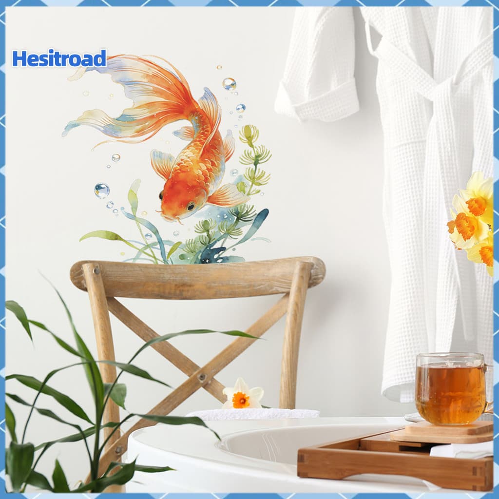 Waterproof Goldfish Toilet Seat Sticker Self-adhesive Pvc Bathroom Decal with Water Plants Design Cute Bathtub Lid Decor