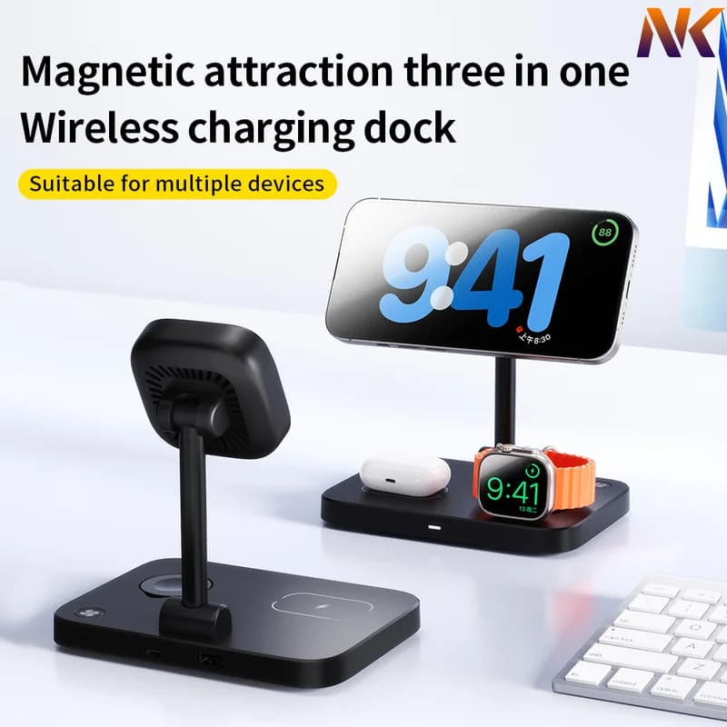 NK 3 In 1 Magnetic Wireless Charger Stand For  iPhone 16 15 14 13 Pro Max  Watch 9 8 AirPods Pro Fast Charging Station