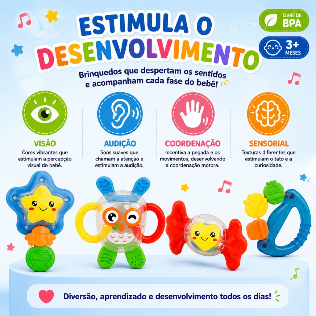 Chocalho para Bebe Mordedor Brinquedo Infantil Educativo Bebê 4 Peças