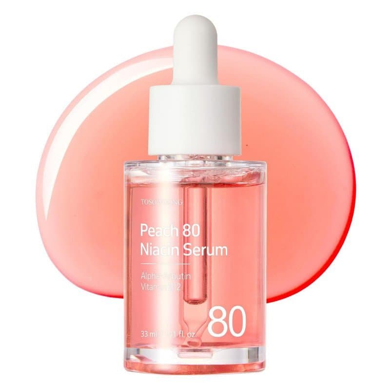 Sérum Facial Hidratante TOSOWOONG Peach 80 Niacinamida, 5% Niacinamida, Alfa-Arbutina, Vitamina B12, em frasco de vidro,