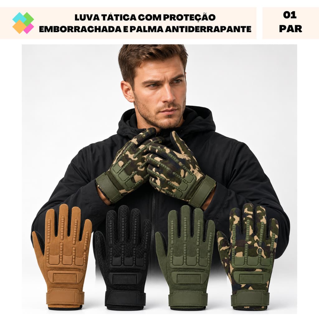 Luvas Táticas de Dedos Com Proteção Emborrachada e Palma Antiderrapante (1 Par)