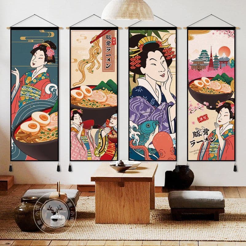 Pintura de tecido Gourmet japonês Pintura de macarrão em pé Snapper Tapeçaria B & B Restaurante Decoração de parede Pano