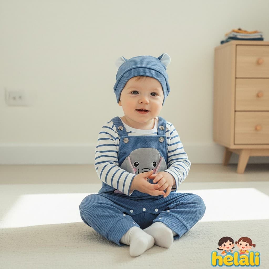 [helali] Conjuntos De 3 Peças De Roupas Para Bebês Meninos , Manga Comprida , Gola Redonda , Macacão Listrado , Elefante