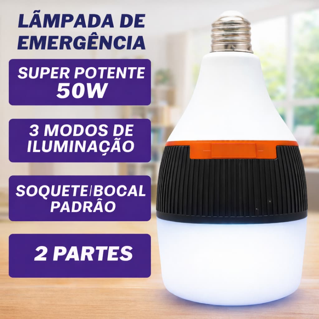 Lâmpada De Emergência LED 50w 6h Ligada Após Faltar Energia Apagão Bivolt Removível Pilhas incluídas
