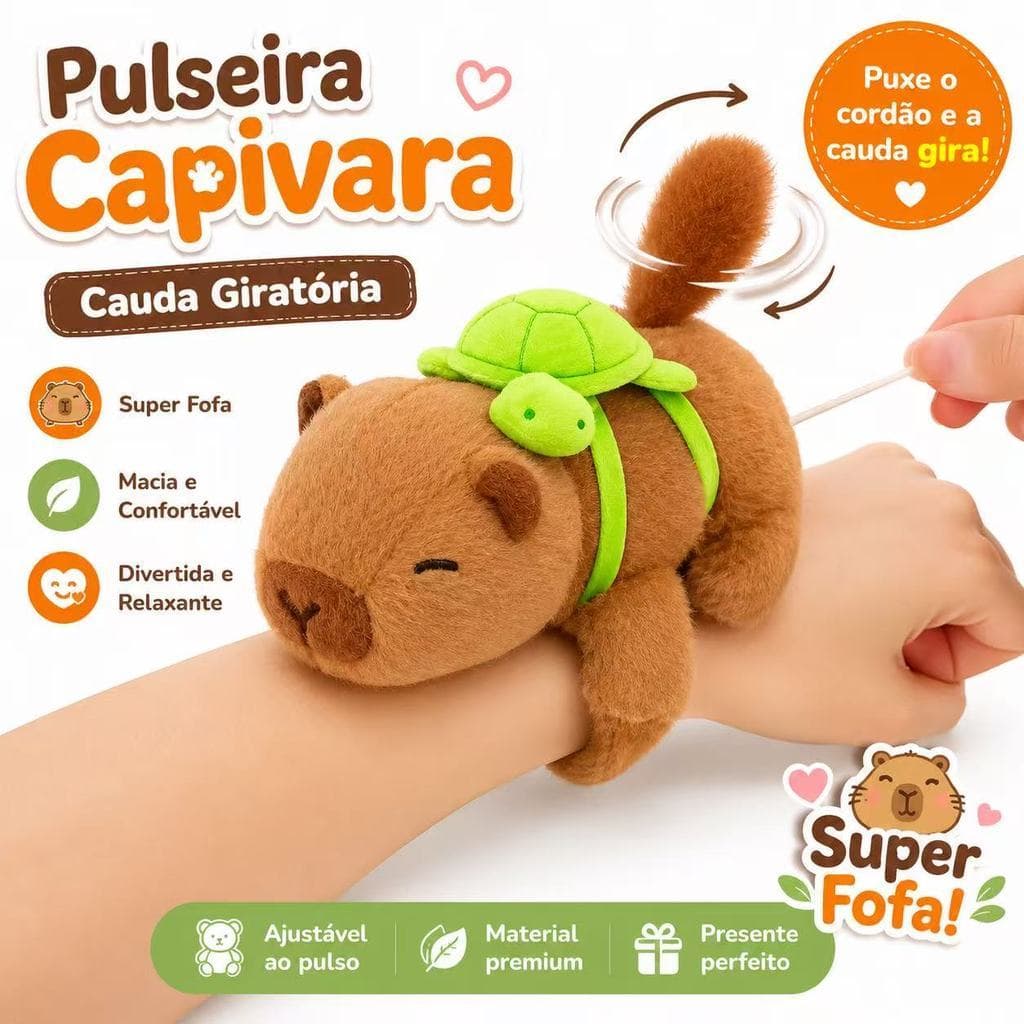 Pulseira de Pelúcia Capivara Fofa Brinquedos Bate Enrola Com Mochilinha Tartaruga com cauda girando