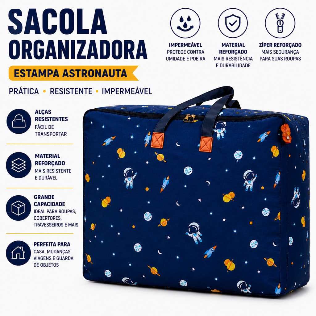 Bolsa Sacola de Armazenamento E Organizador - Tecido Oxford Resistente Estampa Astronauta