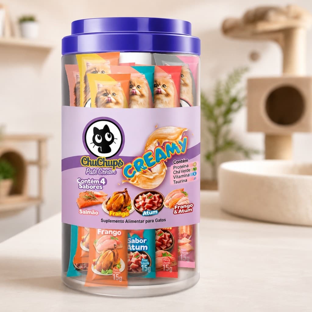 Pote Petisco Gato 24un Chuchups Cremoso Salmao Atum Frango