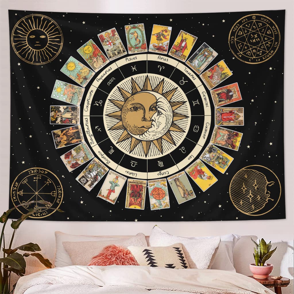 Tapeçaria de Tarot com Fases da Lua e Céu Estrelado, Fundo Decorativo Misterioso de Tarot, Tecido para Pendurar