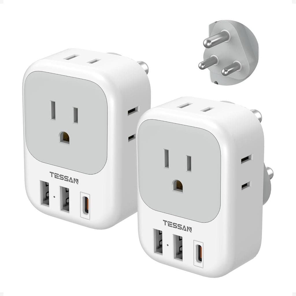 Adaptador de Viagem TESSAN 2 Peças Tipo E F, Adaptador de Energia para Alemanha e França com 3 Carregadores USB (1 USB C