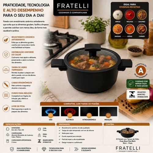 Panela Antiaderente Com Tampa De Vidro Dupla Alca 18cm Cozinha Moderna Resistente Max Black
