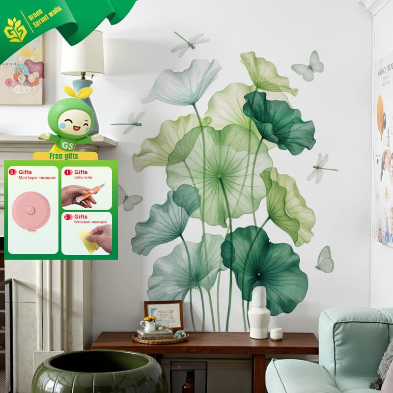 Planta verde folha de lótus parede borboleta adesivo de parede sala de estar fundo decoração auto-adesivo pintura removí