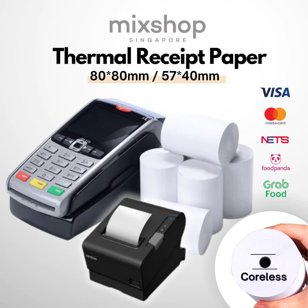 Rolo de Papel para Recibos SG, Rolo de Papel Térmico, Recibo POS Sem Tubete, Rolo para Nets, Visa, Foodpanda, Grab