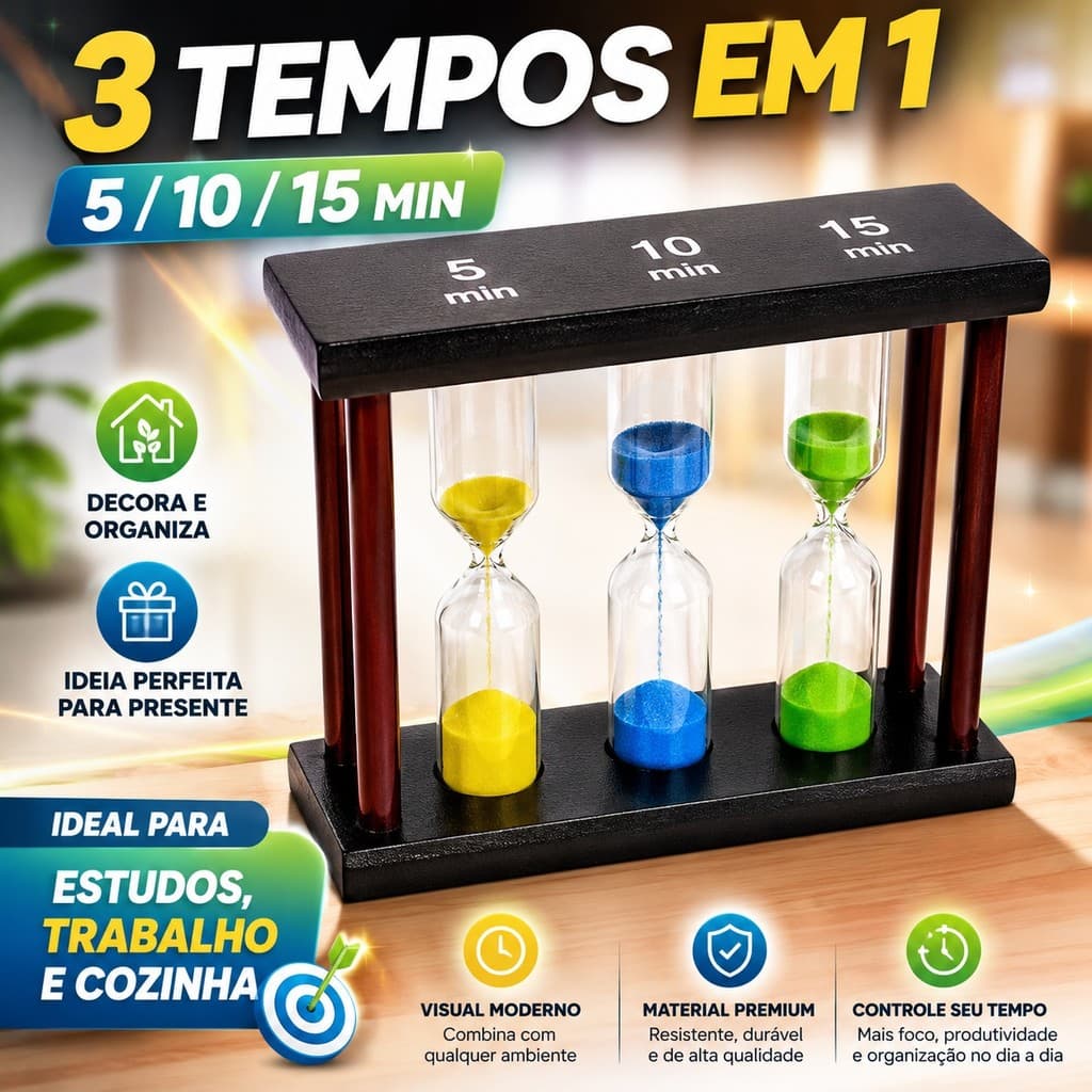 Ampulheta Tripla Decorativa Temporizador de Areia Colorida 5 10 15 Minutos