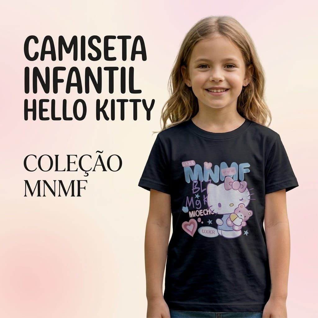Camiseta Infantil Gatinha Kawaii Preta | Blusa Menina 100% Algodão