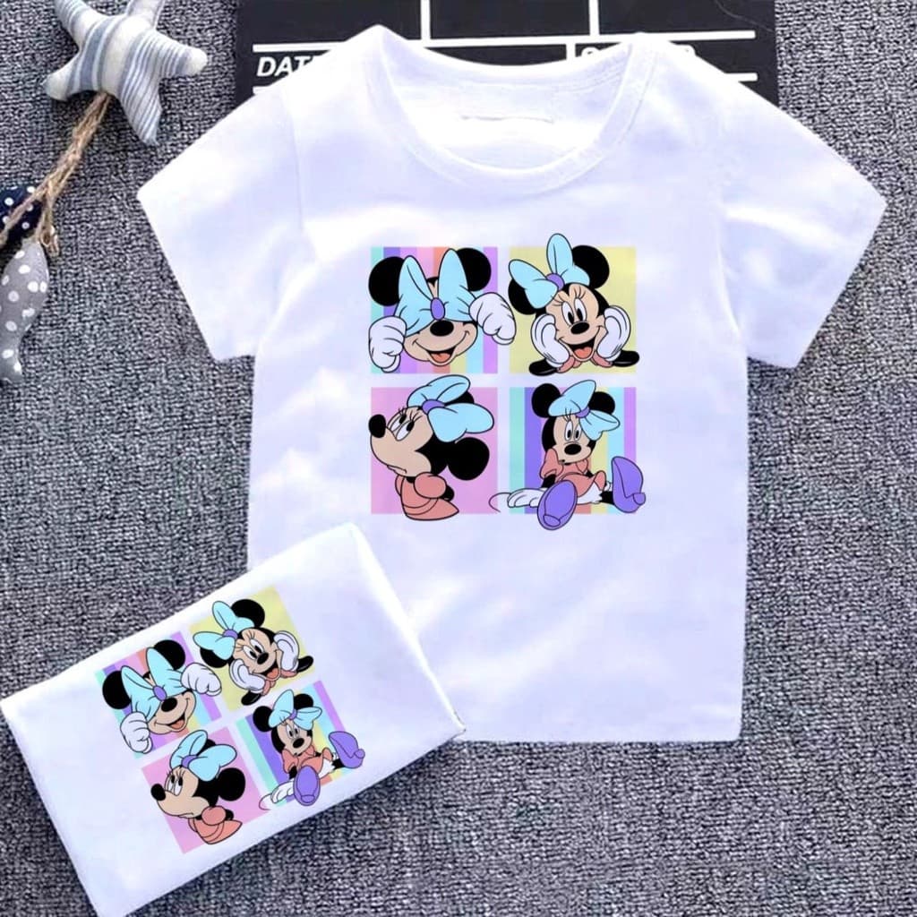 Camiseta Infantil Minnie Mouse T-Shirt Feminina Estampa Quadro com 4 Minnie Blusa Manga Curta Algodão Presente Menina