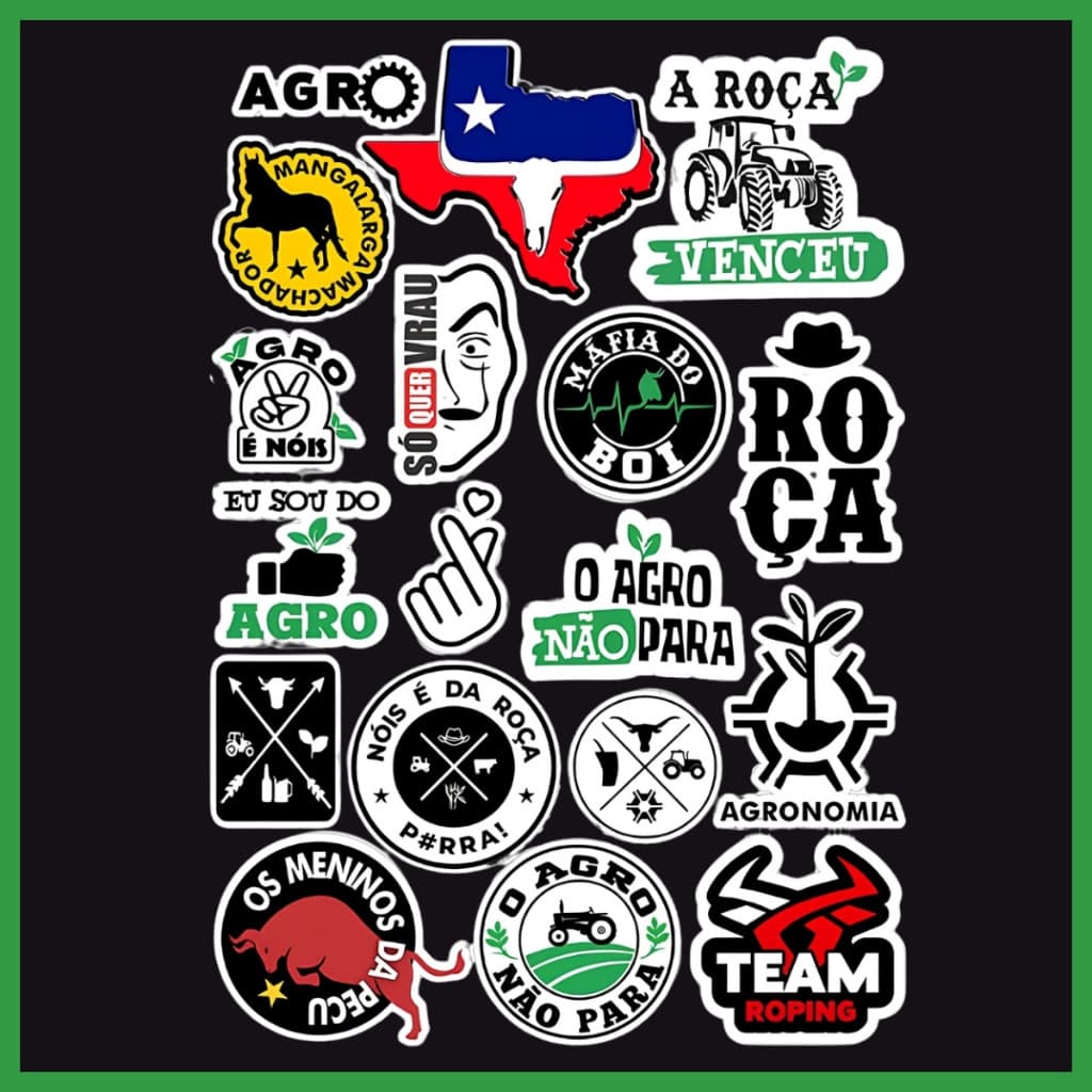 Kit com 67 adesivos agro country, 4 cartelas, vinil brilho, 30x20, para uso decorativo