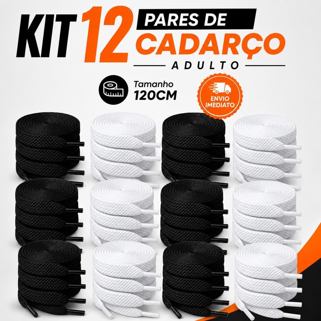 Kit 12 Pares Cadarço Chato 120cm Adulto Poliéster Cruzado 8mm Atacado