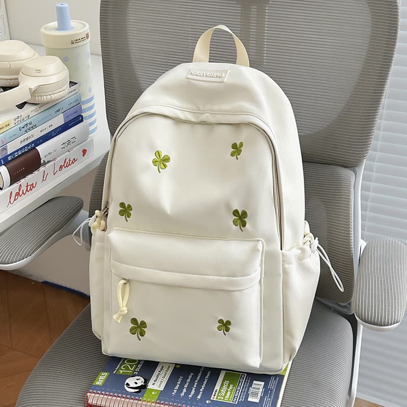 Mochila Minimalista De Nylon Com Trevo Bordado De Cor Sólida , Bolsa Escolar Leve Vários Compartimentos E De Quatro Folh